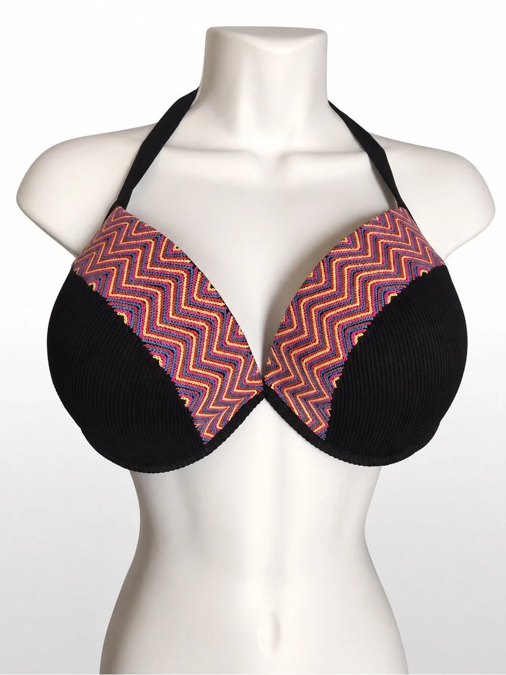 Shade & Shore Black Push Up Halter Bikini Top Chevron Trim NWT